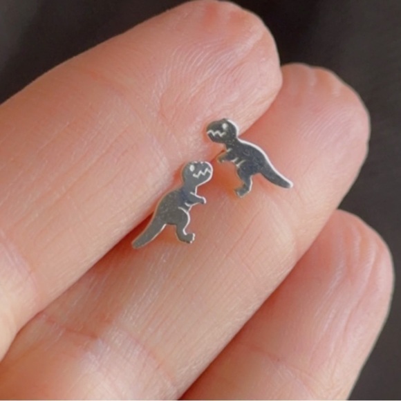 Sterling Silver Simple T Rex Dinosaur Stud Earrings - Picture 6 of 11